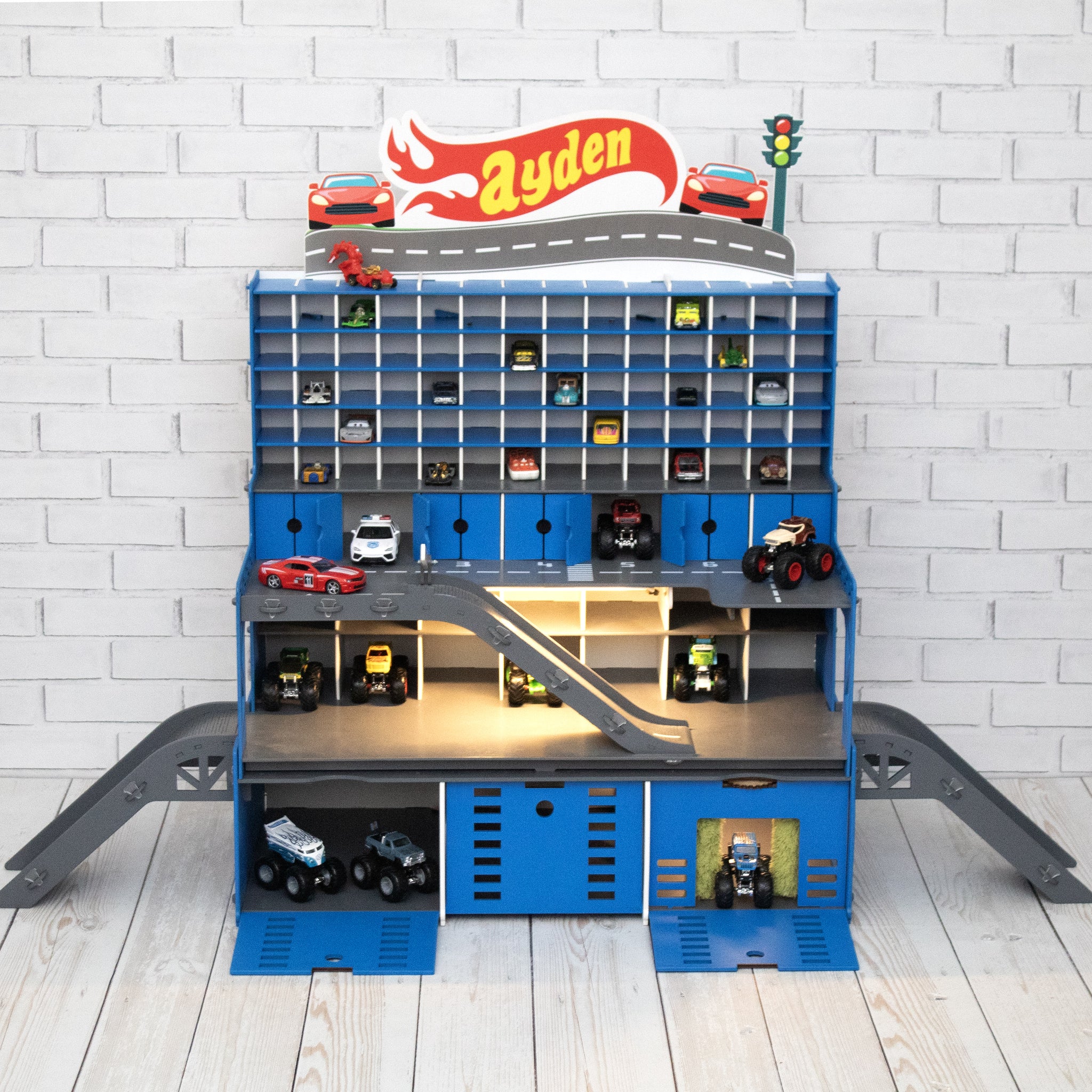 Todder Boy Wooden Toy Garage 1:64 scale Toy Cars, Monster Truck Storage with Toy Car Wash, Colored Doors and Stop Gates