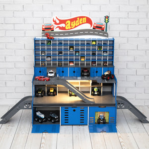 Todder Boy Wooden Toy Garage 1:64 scale Toy Cars, Monster Truck Storage with Toy Car Wash, Colored Doors and Stop Gates