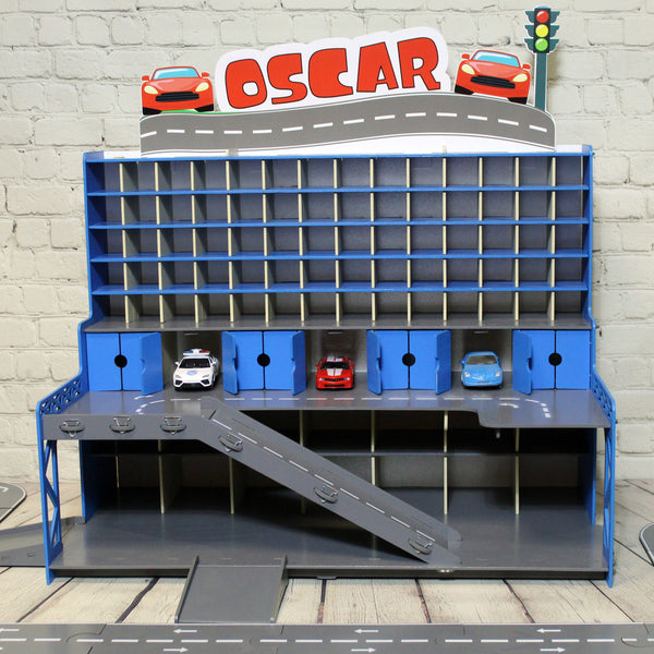 Personalized Wooden Toy Car Garage With Ramps, Doors, Gates and Lights for Toddler Boy 3 4 5 years old