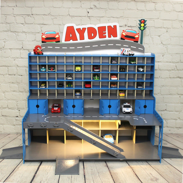 Personalized Wooden Toy Car Garage With Ramps, Doors, Gates and Lights for Toddler Boy 3 4 5 years old