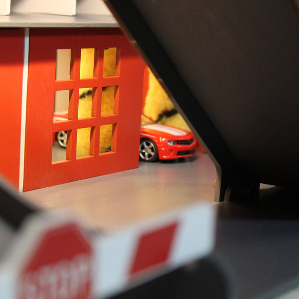 Toy car garage with interactive toy car wash, ilumination and sign with child's name
