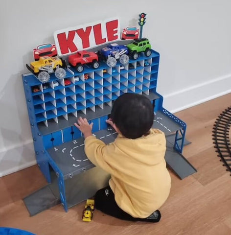 Personalized Wooden Toy Car Garage With Ramps, Doors, Gates and Lights for Toddler Boy 3 4 5 years old