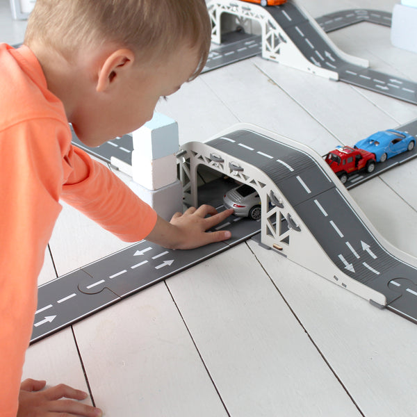 Toy Road Puzze with Bridge, Wooden Toy Car Track, Toy Car Road Puzzle