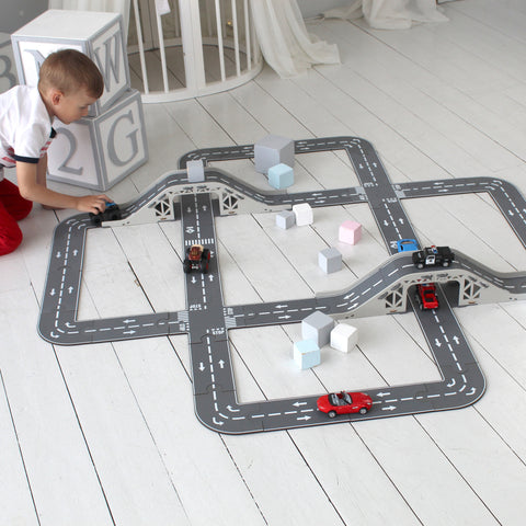 Toy Road Puzze with Bridge, Wooden Toy Car Track, Toy Car Road Puzzle