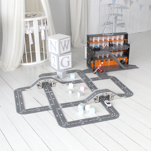 Toy Road Puzze with Bridge, Wooden Toy Car Track, Toy Car Road Puzzle