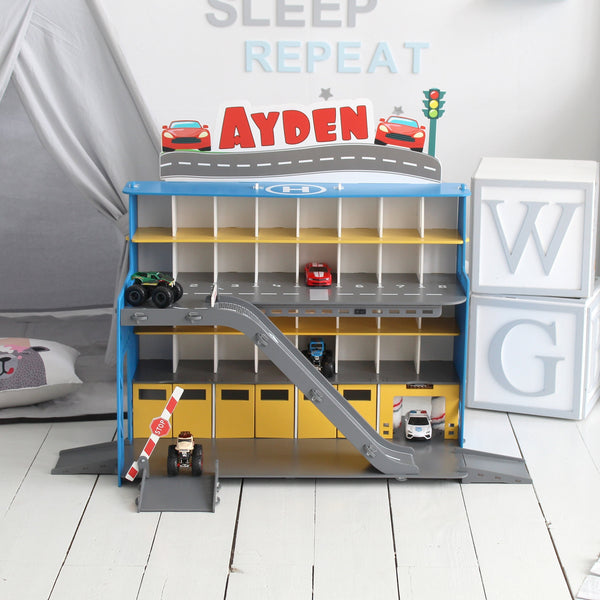 Wooden Toy Car Parking Lot, Personalized Gift for Boys, Toys for Boys Car Garage Storage Display, Toy Parking Garage 5 Year Old Boy Gift
