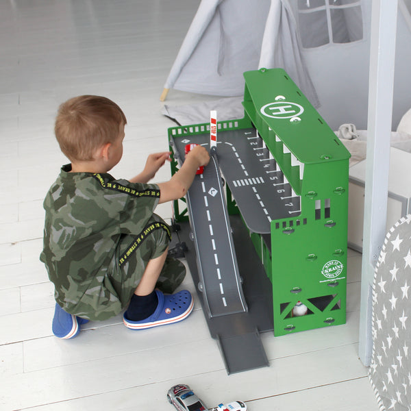 Wooden Toy Garage and Car Wash Payset, Handmade Pine Green Car Park w/LED Lights & Personalization, Cool Toys Cars Gift, Fun Toys For Boys
