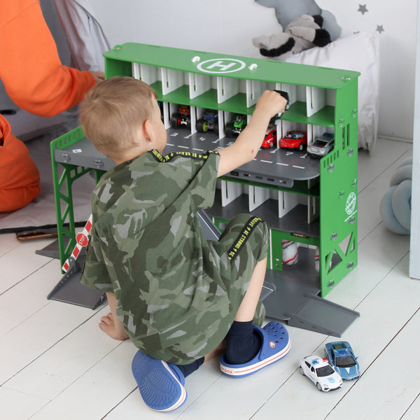 Wooden Toy Garage and Car Wash Payset, Handmade Pine Green Car Park w/LED Lights & Personalization, Cool Toys Cars Gift, Fun Toys For Boys