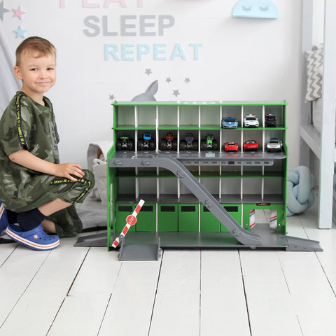 Wooden Toy Garage and Car Wash Payset, Handmade Pine Green Car Park w/LED Lights & Personalization, Cool Toys Cars Gift, Fun Toys For Boys
