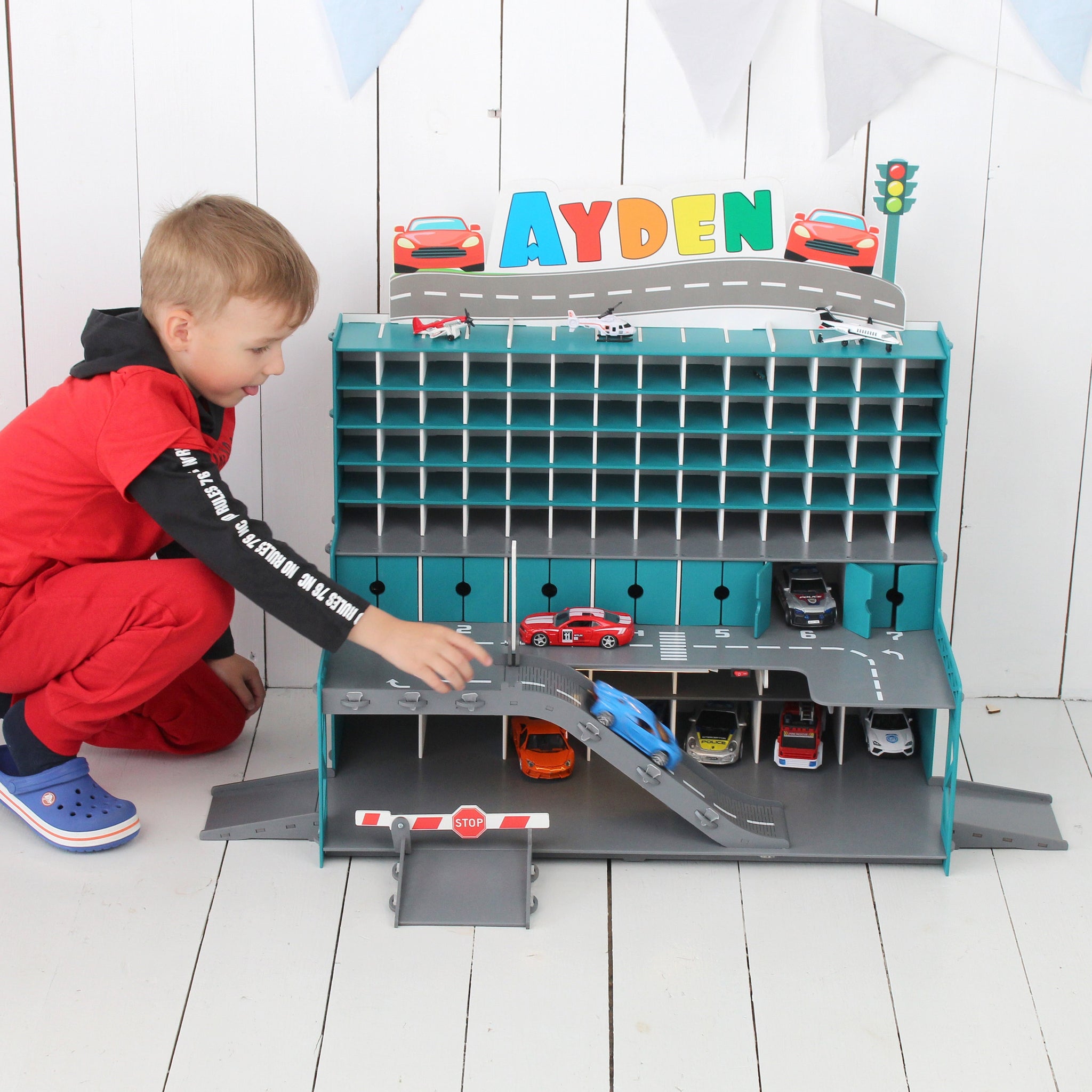 Handmade Wooden Toy Garage with Doors, Ramps, and Gates - Perfect Gift for Toddler Boys aged 3-5 - Eco-Friendly and Sustainable
