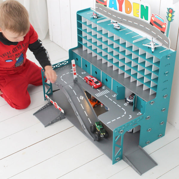 Handmade Wooden Toy Garage with Doors, Ramps, and Gates - Perfect Gift for Toddler Boys aged 3-5 - Eco-Friendly and Sustainable
