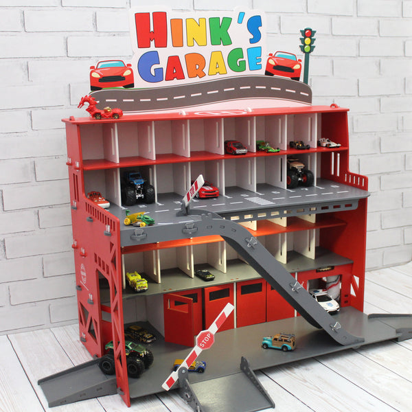 Toy car garage with interactive toy car wash, ilumination and sign with child's name