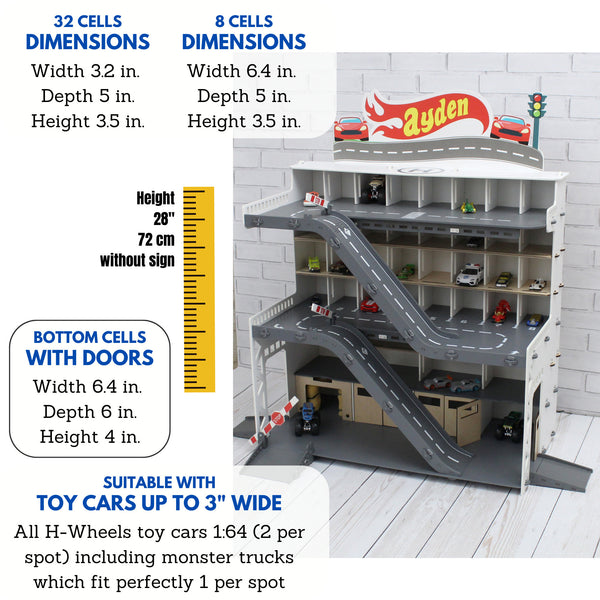 Toy car garage with a toy car wash, doors, gates and mutiple ramps