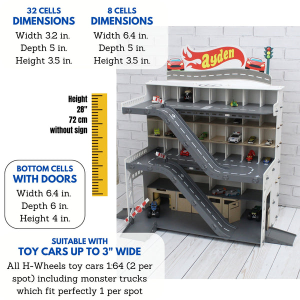 Toy car garage with a toy car wash, doors, gates and mutiple ramps in white
