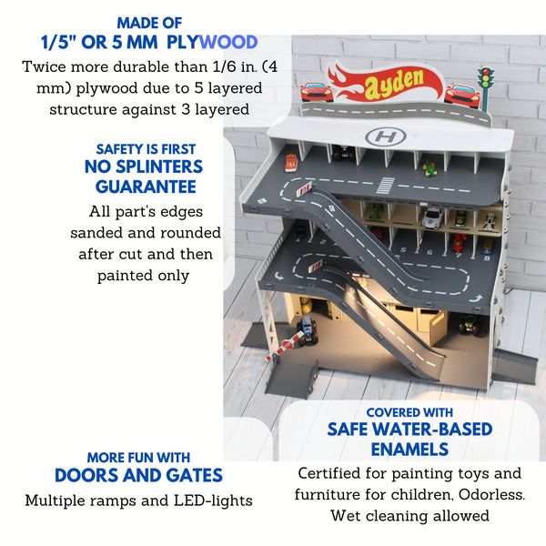 Toy car garage with a toy car wash, doors, gates and mutiple ramps