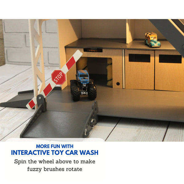 Toy car garage with a toy car wash, doors, gates and mutiple ramps in white
