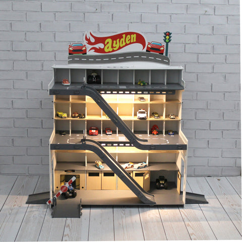 Toy car garage with a toy car wash, doors, gates and mutiple ramps in white