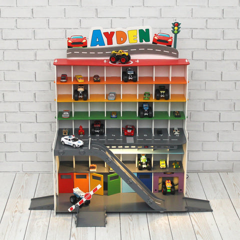 Personalized Wooden Toy Garage, Wooden Toy Organizer, Toy Storage made of Plywood, Rainbow colored