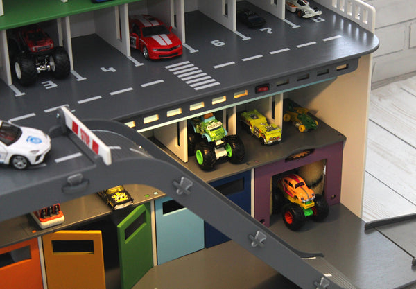 Personalized Wooden Toy Garage, Wooden Toy Organizer, Toy Storage made of Plywood, Rainbow colored