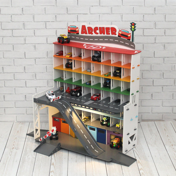 Personalized Wooden Toy Garage, Wooden Toy Organizer, Toy Storage made of Plywood, Rainbow colored
