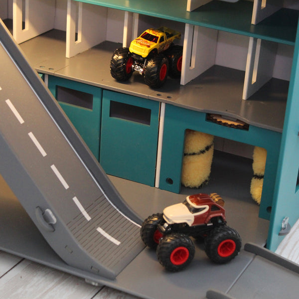 Wooden Toy Garage, Personaized Capacitive Toy Car Storage, Toddler Boy Fascinating Imaginative Play Gameset, Diecast Monster Truck Shelf