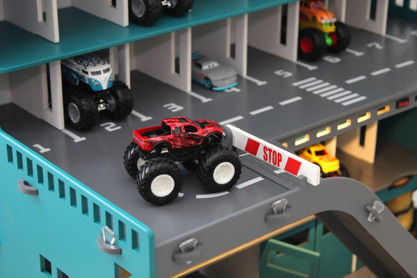 Wooden Toy Garage, Personaized Capacitive Toy Car Storage, Toddler Boy Fascinating Imaginative Play Gameset, Diecast Monster Truck Shelf