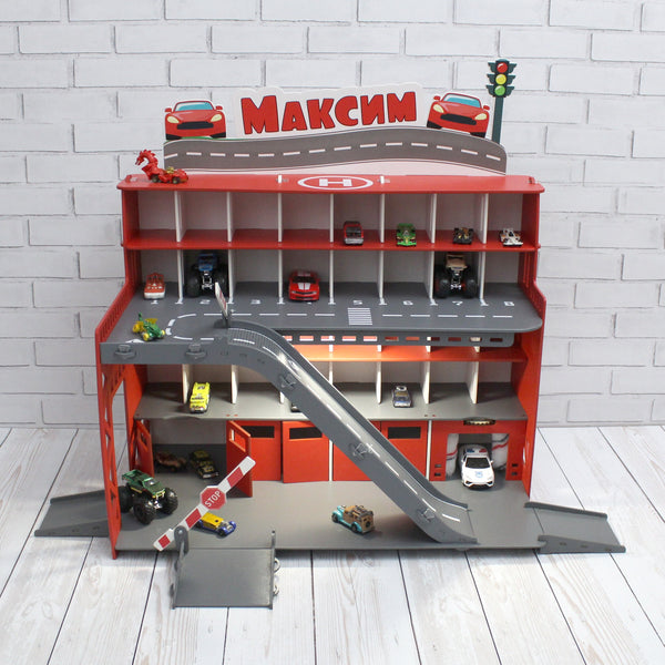 Toy car garage with interactive toy car wash, ilumination and sign with child's name