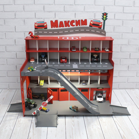 Toy car garage with interactive toy car wash, ilumination and sign with child's name
