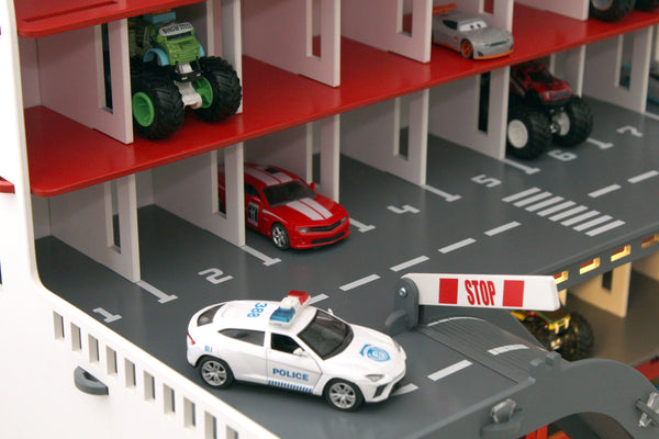 Toy Car Garage, Personalized Toy Storage,Boy 3-5 yo gift, Toddler boy present, Wooden Toy in White-Red