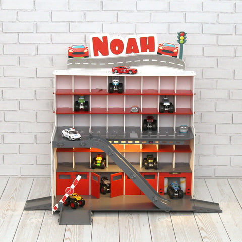 Toy Car Garage, Personalized Toy Storage,Boy 3-5 yo gift, Toddler boy present, Wooden Toy in White-Red