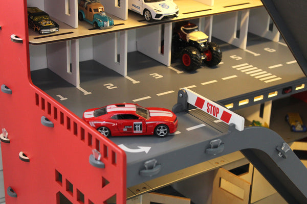 Toddler boy Birthday Gift for kids loving toy cars, 3 4 5 6 years old, Wooden Toy Garage, Toy Storage Personalized in red