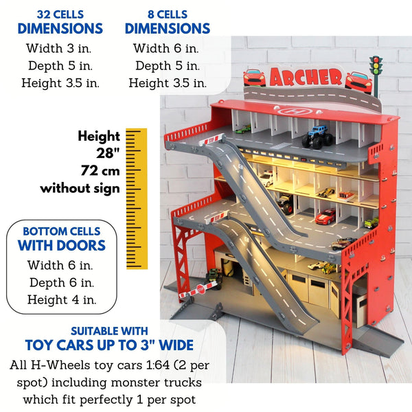 Toddler boy Birthday Gift for kids loving toy cars, 3 4 5 6 years old, Wooden Toy Garage, Toy Storage Personalized in red