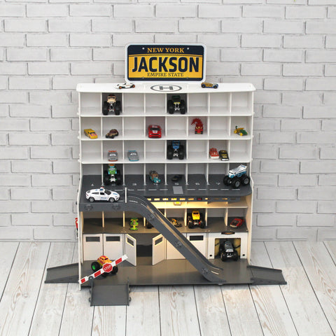 Toy organizer for toy cars with a License Pate Name, Toy Storage For Diecast Toy Cars, Diecast Monster Truck Display, Toy Garage