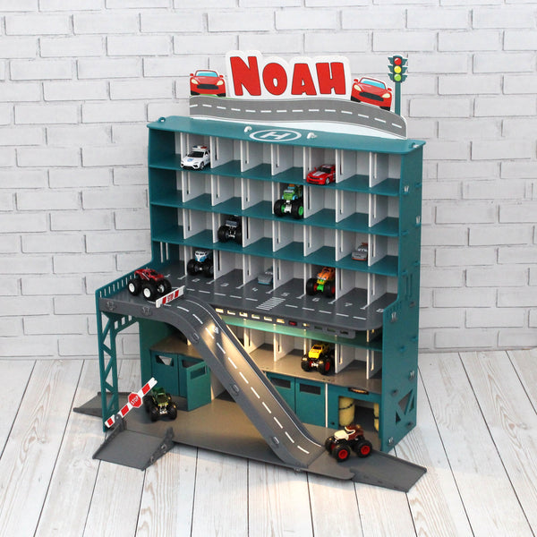 Wooden Toy Garage, Personaized Capacitive Toy Car Storage, Toddler Boy Fascinating Imaginative Play Gameset, Diecast Monster Truck Shelf