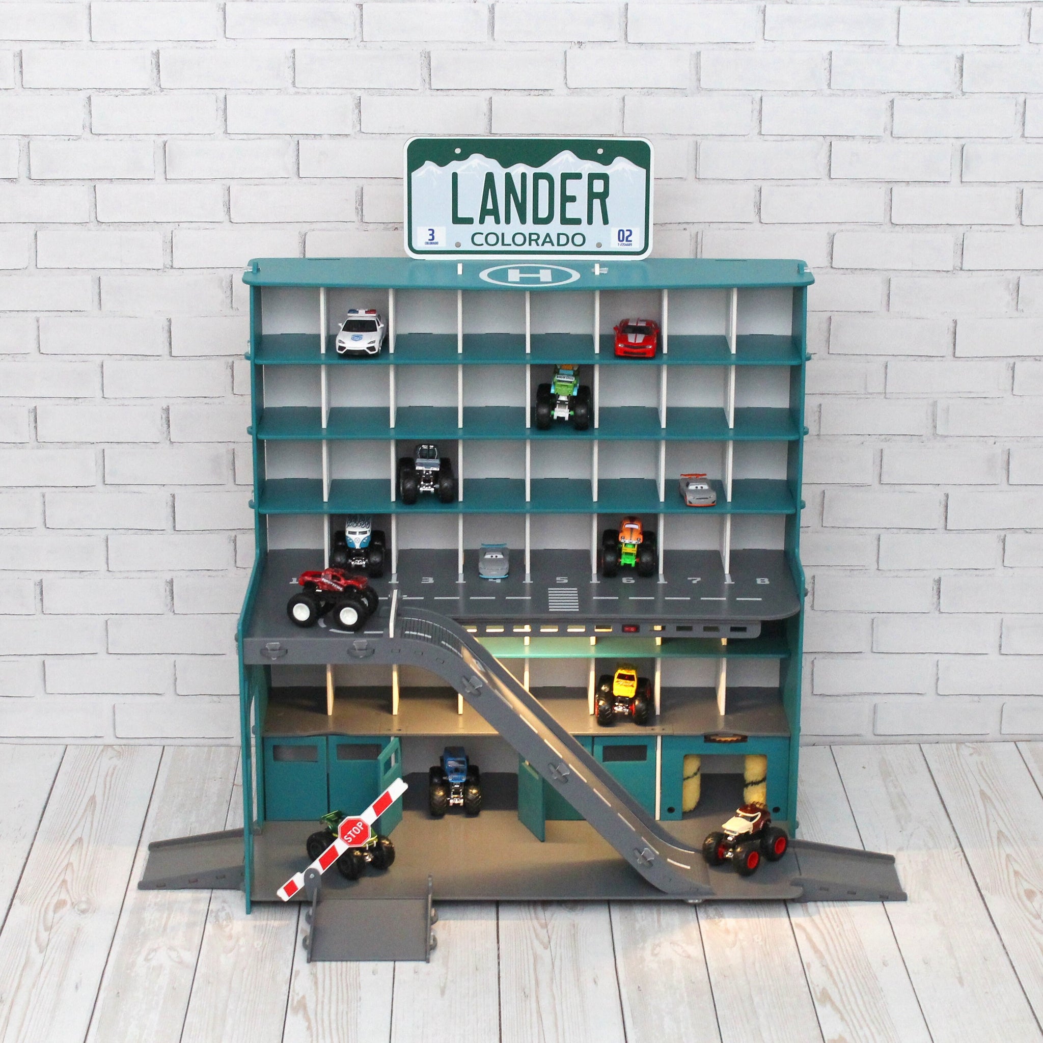 Wooden Toy Garage, Personaized Capacitive Toy Car Storage, Toddler Boy Fascinating Imaginative Play Gameset, Diecast Monster Truck Shelf