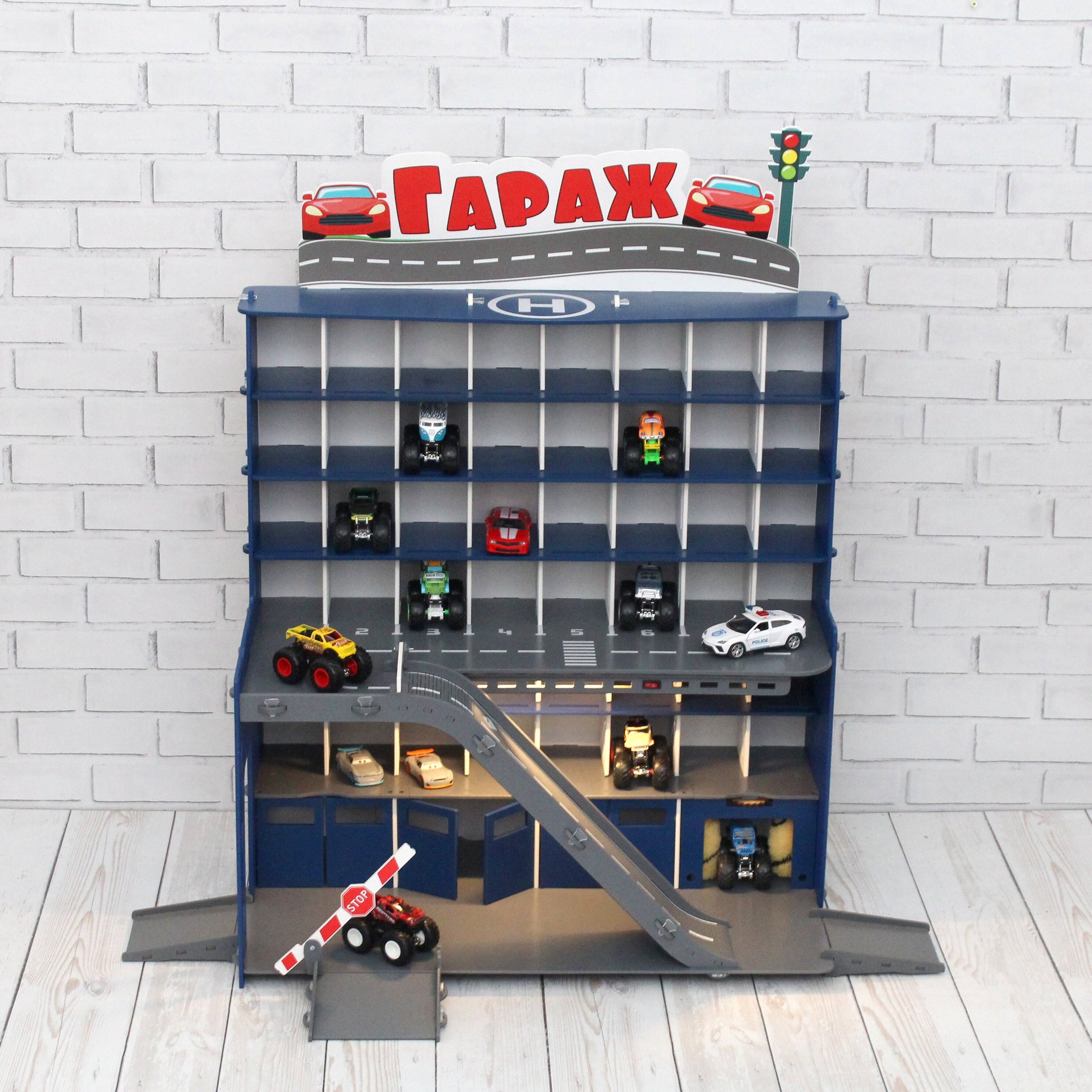 Toy Car Garage, Todder Boy Gift 3 4 5 years old, Personalized License Plate Gift, Boys Playroom Set, Monster Truck Parking Lot
