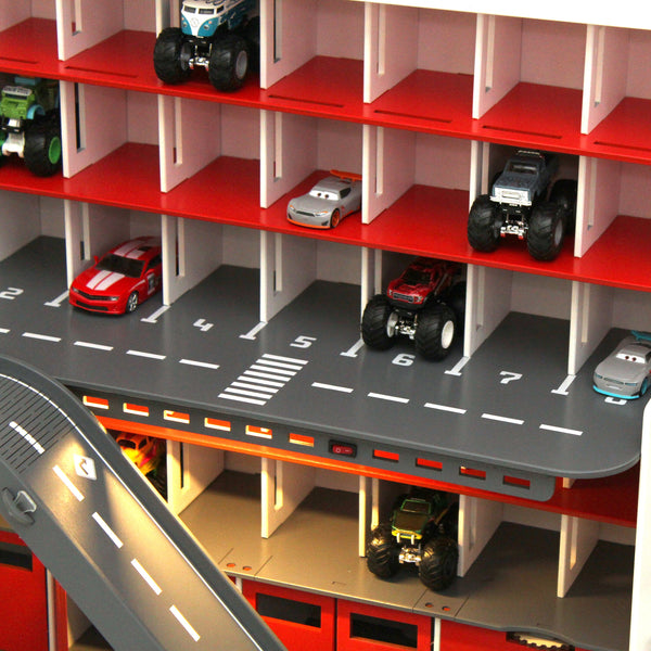 Toy Car Garage, Personalized Toy Storage,Boy 3-5 yo gift, Toddler boy present, Wooden Toy in White-Red
