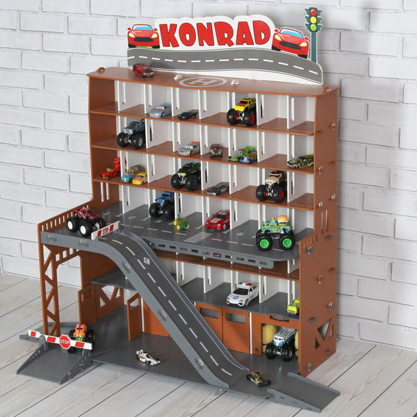 Toy Car Storage, Toy Shef For Diecast Toy Cars, 1:64 scale Monster Truck Display, Wooden Toy Garage
