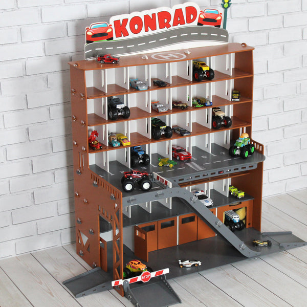 Toy Car Storage, Toy Shef For Diecast Toy Cars, 1:64 scale Monster Truck Display, Wooden Toy Garage