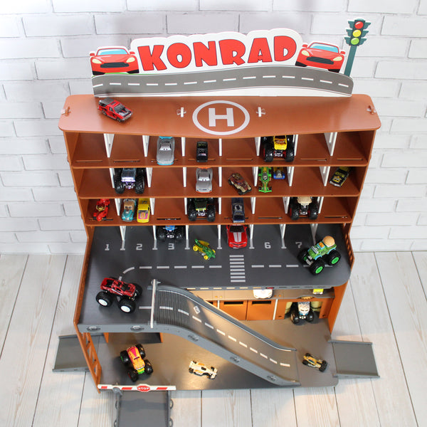 Toy Car Storage, Toy Shef For Diecast Toy Cars, 1:64 scale Monster Truck Display, Wooden Toy Garage