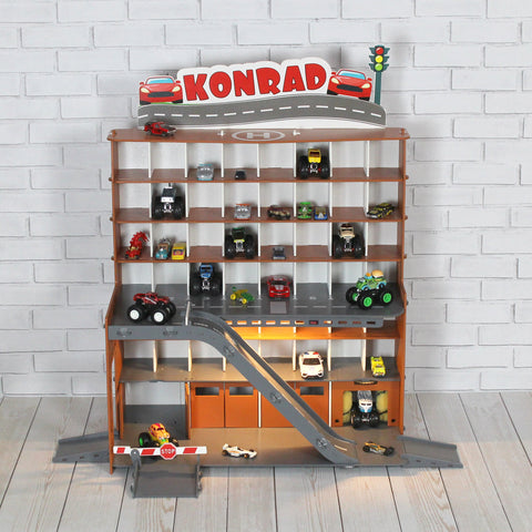 Toy Car Storage, Toy Shef For Diecast Toy Cars, 1:64 scale Monster Truck Display, Wooden Toy Garage