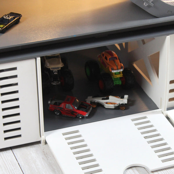 Todder Boy Wooden Toy Garage 1:64 scale Toy Cars, Monster Truck Storage with Toy Car Wash, Colored Doors and Stop Gates