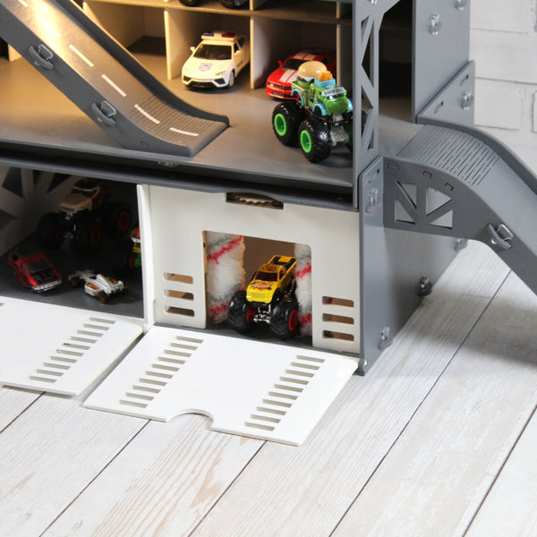 Todder Boy Wooden Toy Garage 1:64 scale Toy Cars, Monster Truck Storage with Toy Car Wash, Colored Doors and Stop Gates