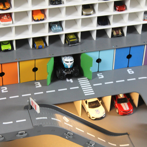 Todder Boy Wooden Toy Garage 1:64 scale Toy Cars, Monster Truck Storage with Toy Car Wash, Colored Doors and Stop Gates