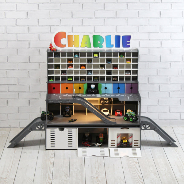 Todder Boy Wooden Toy Garage 1:64 scale Toy Cars, Monster Truck Storage with Toy Car Wash, Colored Doors and Stop Gates