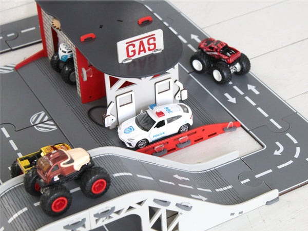 Puzze Roads for Toy Cars with Toy Garages and Toy Bridges
