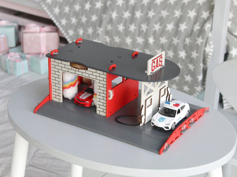 Wooden Toy Gas Station with Moveabe Filling Guns and Manual Toy Car Wash - Up to 1:32 Scale Toy Vehicles