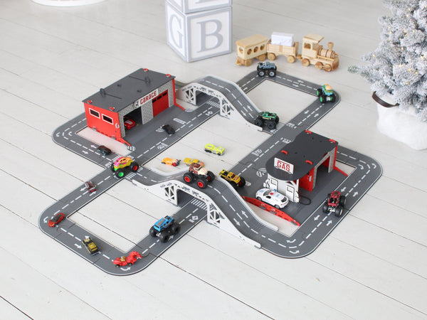 Puzze Roads for Toy Cars with Toy Garages and Toy Bridges