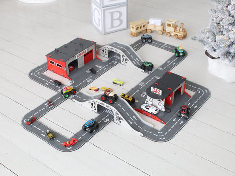 Puzze Roads for Toy Cars with Toy Garages and Toy Bridges